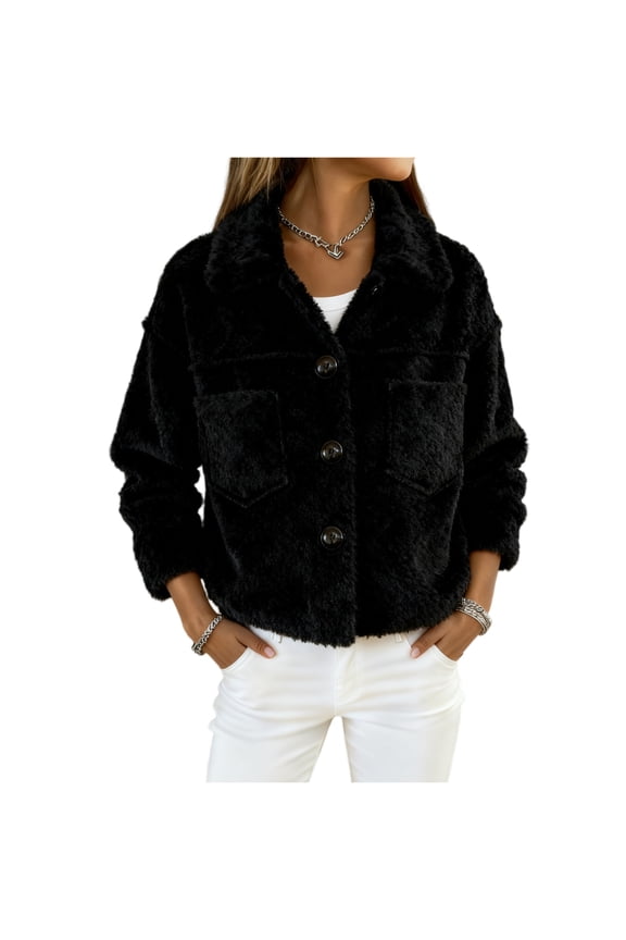 Fuzzy Button Front Teddy Jacket Women Soft Fall Daily Trendy Cozy Casual Outerwear Black L