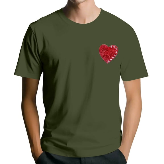 LWavelet Glitter Heart with Star Accent Men's T-Shirt Perfect for Casual Style and Festive Wear Army Green XL