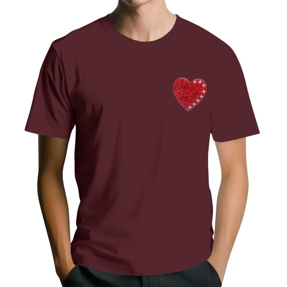 LWavelet Glitter Heart with Star Accent Men's T-Shirt Perfect for Casual Style and Festive Wear Wine XL