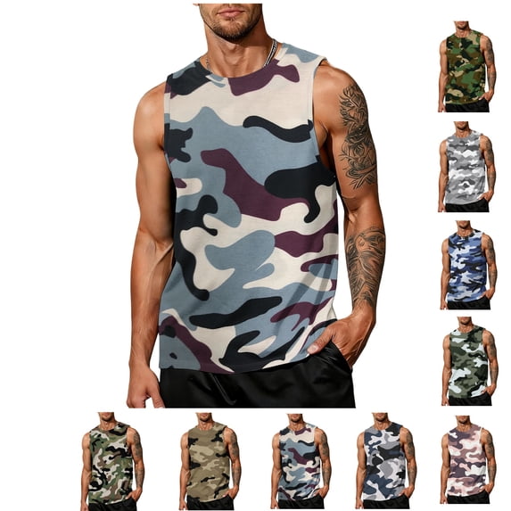 LWavelet Graphic Tank Tops for Men Camouflage Crew Neck Sleeveless Shirts Big and Tall Loose Fit Breathable Workout Tees