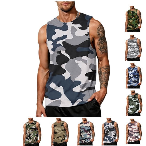LWavelet Graphic Tank Tops for Men Camouflage Crew Neck Sleeveless Shirts Big and Tall Loose Fit Breathable Workout Tees
