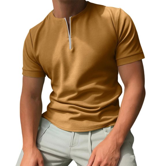 LWavelet Half Zip Crew Neck Men's Short Sleeve T-Shirt Ideal for Casual Style and Daily Wear Camel L