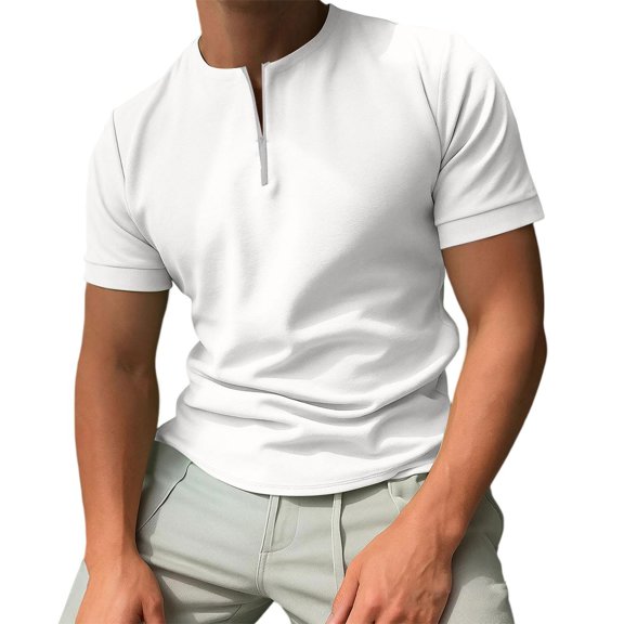 LWavelet Half Zip Crew Neck Men's Short Sleeve T-Shirt Ideal for Casual Style and Daily Wear White L