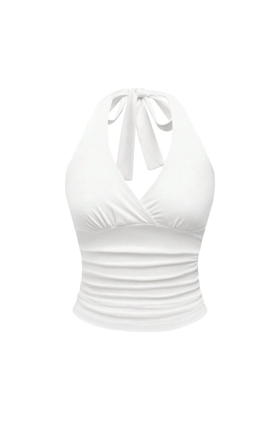 Halter Neck Cross Front Ruched Cropped Top Women Trendy Party Casual Stylish Tops White M
