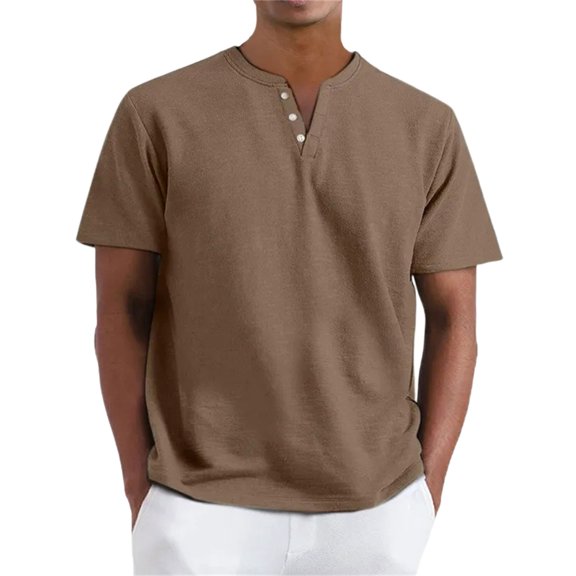 LWavelet Henley Neck Men's Short Sleeve Top Great for Daily Casual and Everyday Style Brown M
