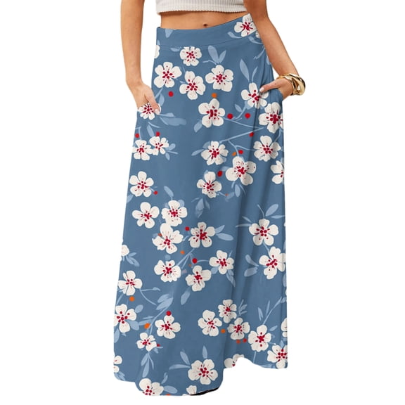 LWavelet Hibiscus Print Maxi Skirt with Side Pockets Women Tropical Style Daily Casual Flowy Bottoms Blue M