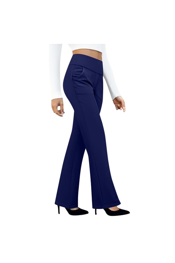 High Waisted Bootcut Dress Pants with Pockets Stretchy Work Office Trousers Dark Blue 2XL