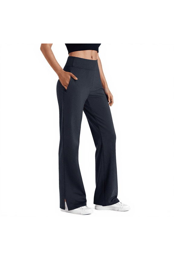 High Waisted Bootcut Pants with Pockets & Side Slits Stretchy Work Office Trousers Black S
