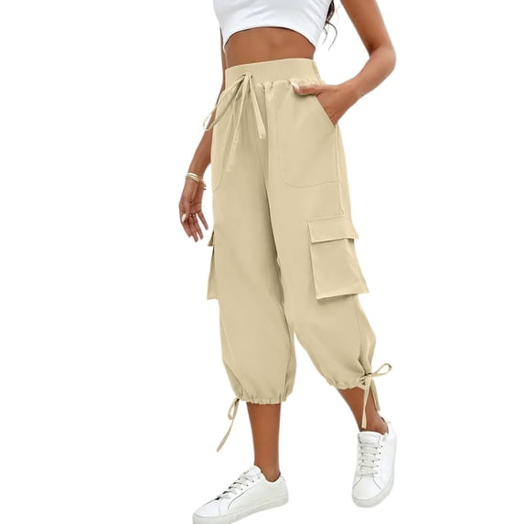 LWavelet High Waisted Cargo Capri Pants with Tie Stretchy Casual Outdoor Hiking Trousers Khaki M