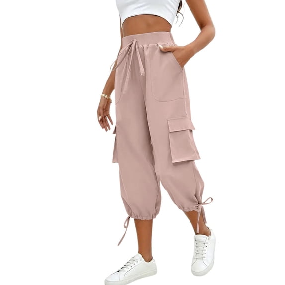 LWavelet High Waisted Cargo Capri Pants with Tie Stretchy Casual Outdoor Hiking Trousers Pink 2XL