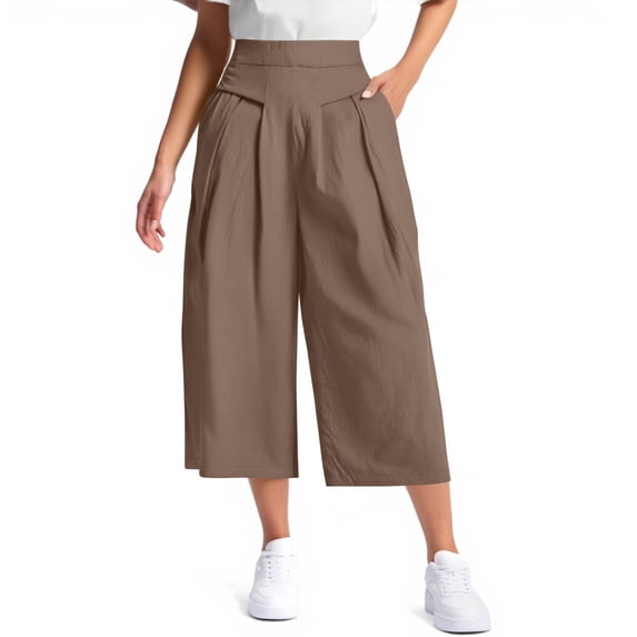 LWavelet High Waisted Cropped Wide Leg Pants with Pleated Front & Pockets Stretchy Casual Work Trousers BR S