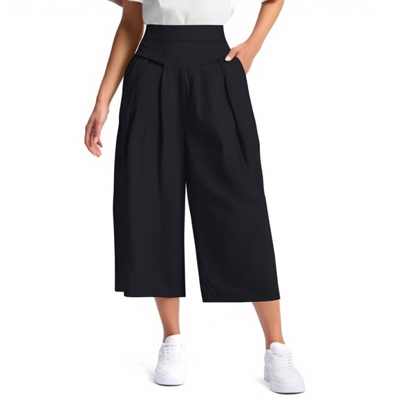 LWavelet High Waisted Cropped Wide Leg Pants with Pleated Front & Pockets Stretchy Casual Work Trousers Black L