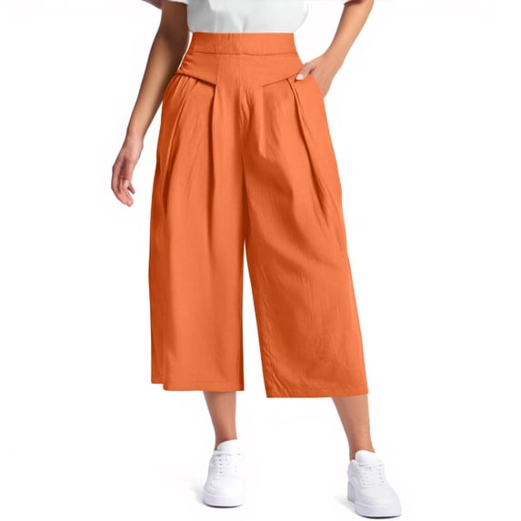 LWavelet High Waisted Cropped Wide Leg Pants with Pleated Front & Pockets Stretchy Casual Work Trousers Saffron 2XL
