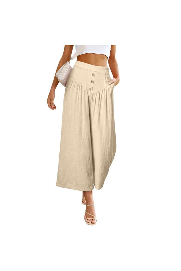 High Waisted Wide Leg Pants with Button Fly & Pockets Flowy Vacation Beach Trousers Beige 2XL