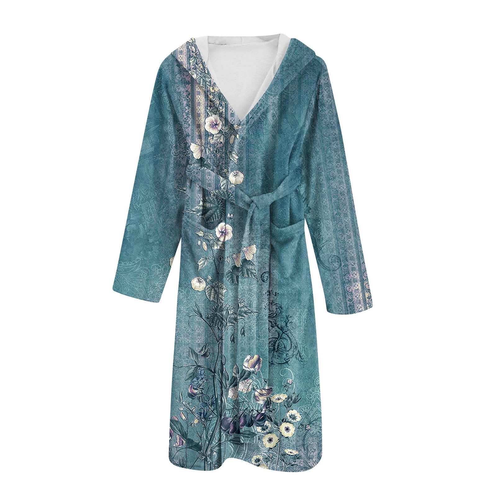 LWavelet Hooded Floral Print Robe Women Cozy Daily Lounge Wear Soft ...