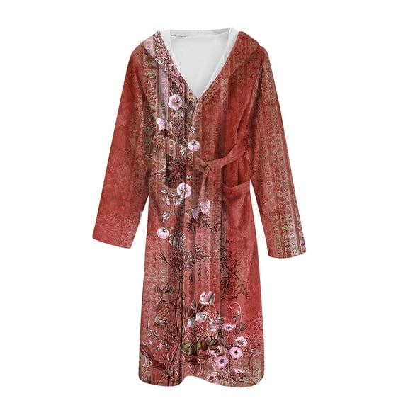 LWavelet Hooded Floral Print Robe Women Cozy Daily Lounge Wear Soft Oversized Versatile Outerwear Wine S
