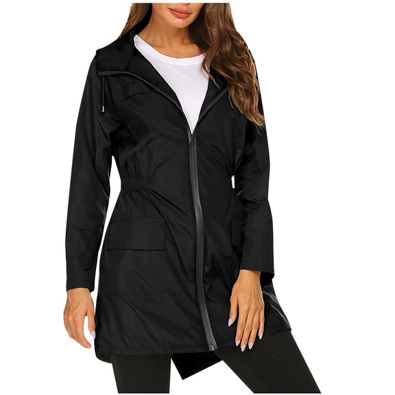 LWavelet Hooded Tie-Waist Raincoat Women Lightweight Fall Daily Casual Versatile Outerwear Black L