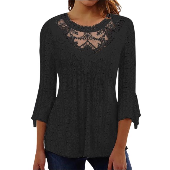 LWavelet Lace 3/4 Flared Sleeve Blouse Womens Plus Size Comfortable Daily Casual Loose Fit Tunic Top Black S