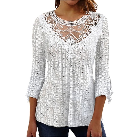 LWavelet Lace 3/4 Flared Sleeve Blouse Womens Plus Size Comfortable Daily Casual Loose Fit Tunic Top White S