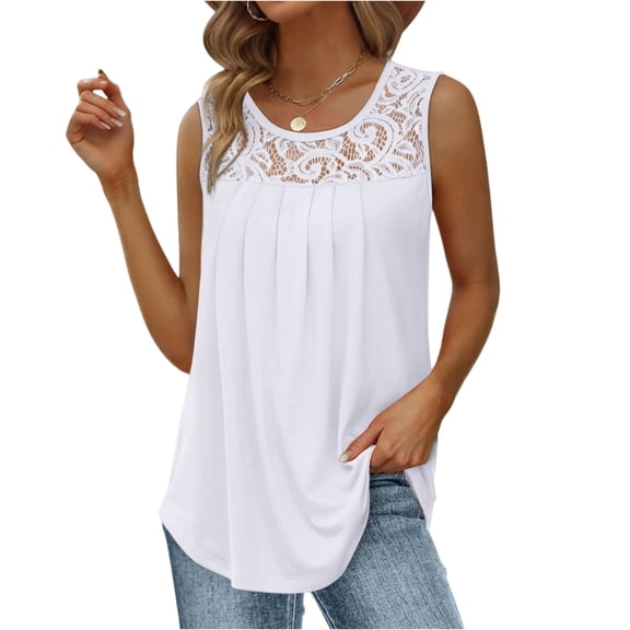 LWavelet Lace Panel Sleeveless Loose Fit Blouse Women Daily Casual Comfortable Stylish Tops White S