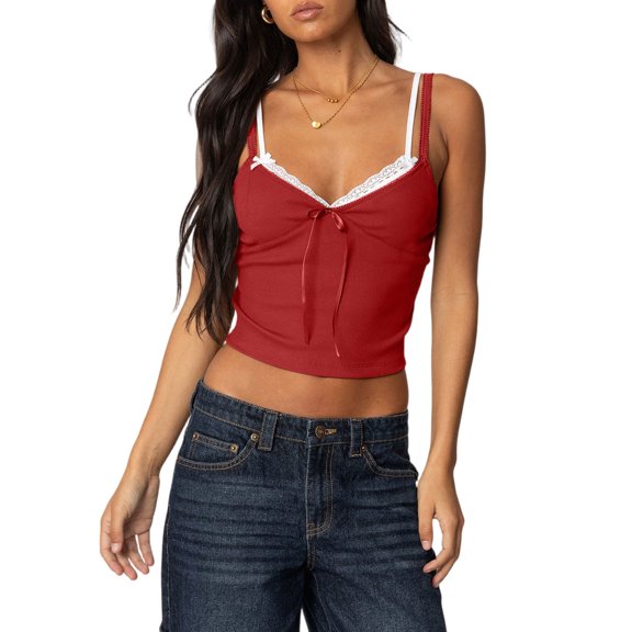 LWavelet Lace Trim Tie Front Spaghetti Strap Crop Top Women Daily Casual Stylish Tops Red XL