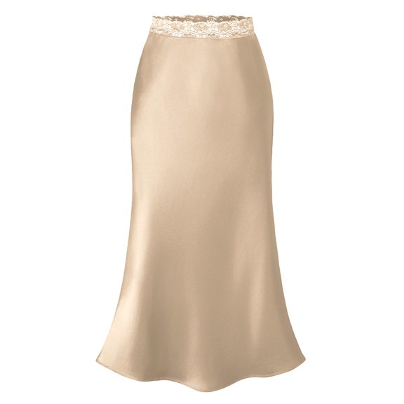 LWavelet Lace Waist Satin Mermaid Maxi Skirt Women Elegant Evening Party Stylish Bottoms Khaki M