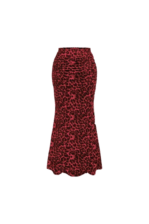 Leopard Print Ruched Mermaid Midi Skirt Women Trendy Fall Casual Stylish Versatile Bottoms Red M