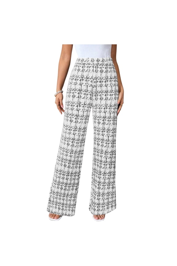 Light Fabric Grid Print Wide Leg Pants Women Daily Casual Wear White S