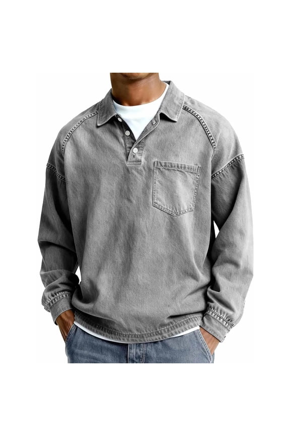 Long Sleeve Polo Shirts for Men Mens Shirts Button Down Denim Shirt Vintage Western Washed Distressed Top 2031 Gray XL