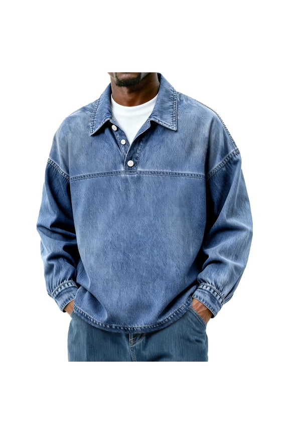 Long Sleeve Polo Shirts for Men Mens Shirts Button Down Denim Shirt Vintage Western Washed Distressed Top Blue XL