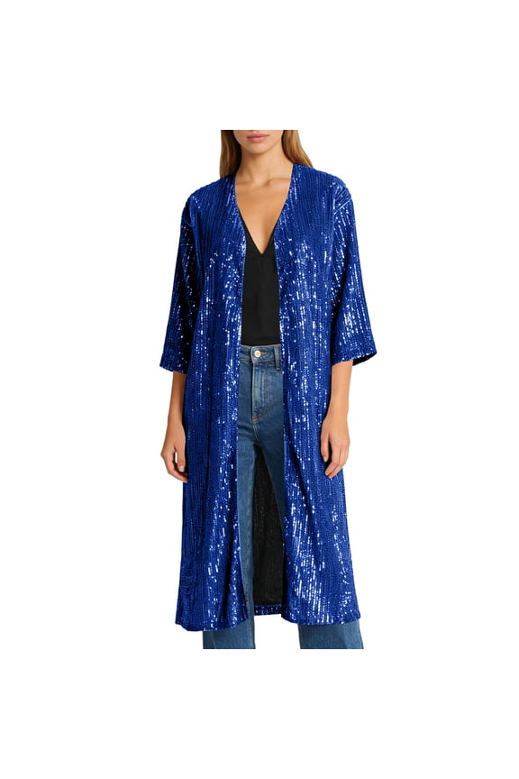 Longline Sequin Open Front Coat Women Oversized Glitzy Party Daily Trendy Versatile Outerwear Black XL