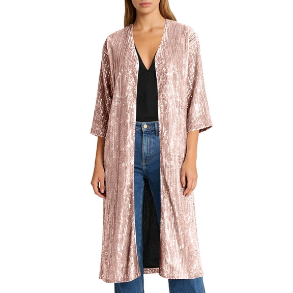 LWavelet Longline Sequin Open Front Coat Women Oversized Glitzy Party Daily Trendy Versatile Outerwear Champagne M