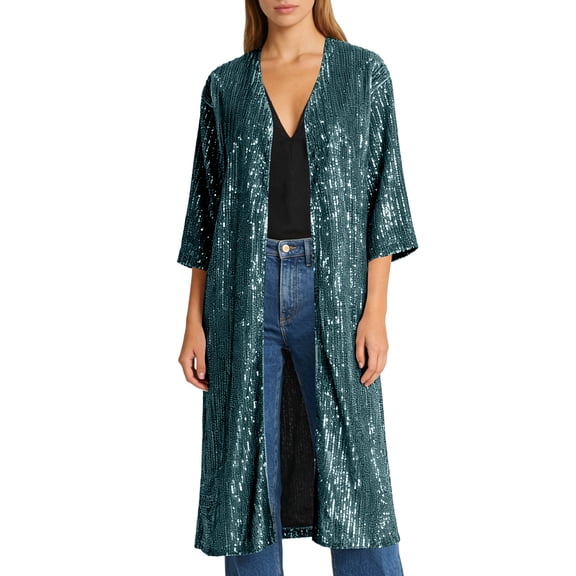 LWavelet Longline Sequin Open Front Coat Women Oversized Glitzy Party Daily Trendy Versatile Outerwear Champagne XL