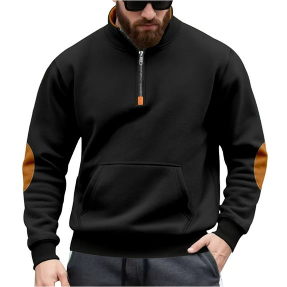 LWavelet Men Half Zip Pullover Sweatshirt Casual Long Sleeve Patchwork Design Warm Fleece Top with Kangaroo Pocket for Outdoor Sports Activities