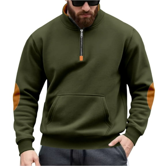 LWavelet Men Half Zip Pullover Sweatshirt Casual Long Sleeve Patchwork Design Warm Fleece Top with Kangaroo Pocket for Outdoor Sports Activities
