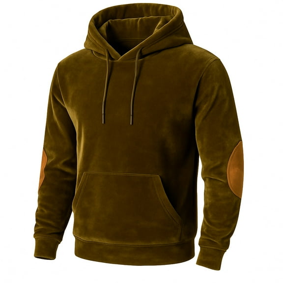 LWavelet Men Hooded Pullover Sweatshirt Soft Velvet Material Long Sleeve Casual Hoodie with Kangaroo Pocket and Elbow Patch Design