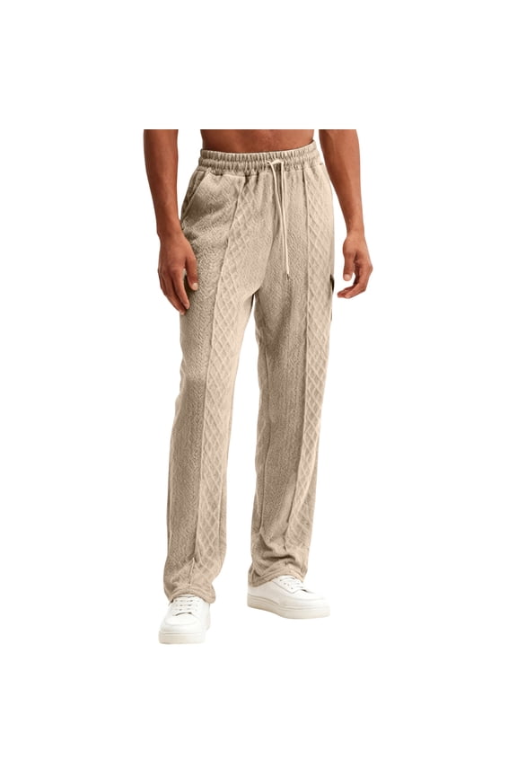 Men's Argyle Texture Wide Leg Joggers - Drawstring Waist Soft Fabric Relaxed Fit Casual Daily Pants Khaki M