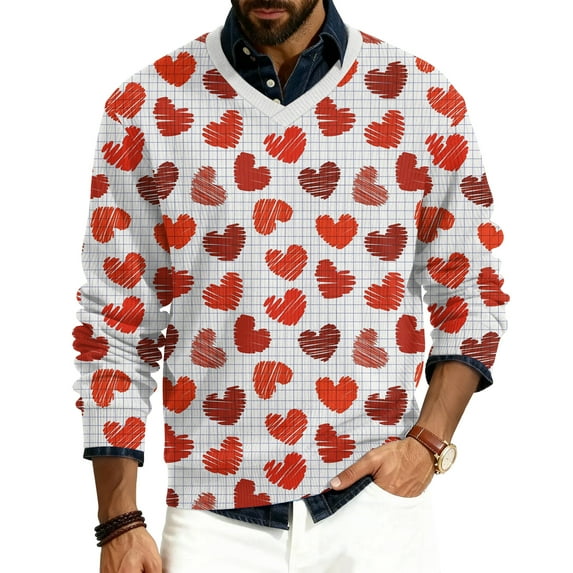 LWavelet Men's Blush & Burgundy Heart Sweater - Soft Tone Design, Great for Valentine's Day Outings & Understated Romantic Style White XL