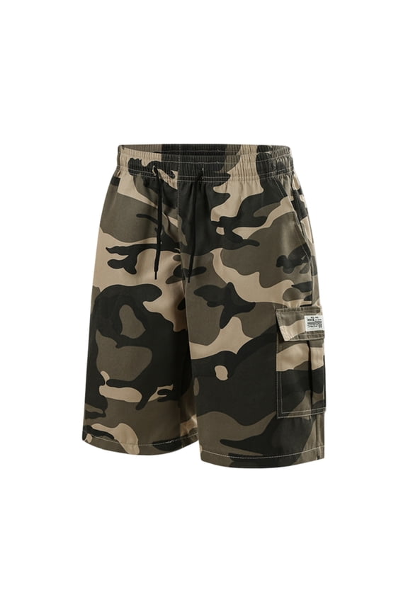 Men's Camo Cargo Shorts Elastic Drawstring Waist Multi-Pocket Lightweight for Summer Casual Tactical Wear Khaki M