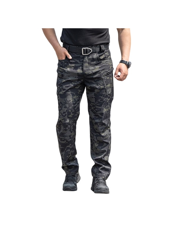 Men's Camouflage Tactical Cargo Pants - Multiple Pockets Durable Fabric Outdoor & Casual Utility Pants Black S