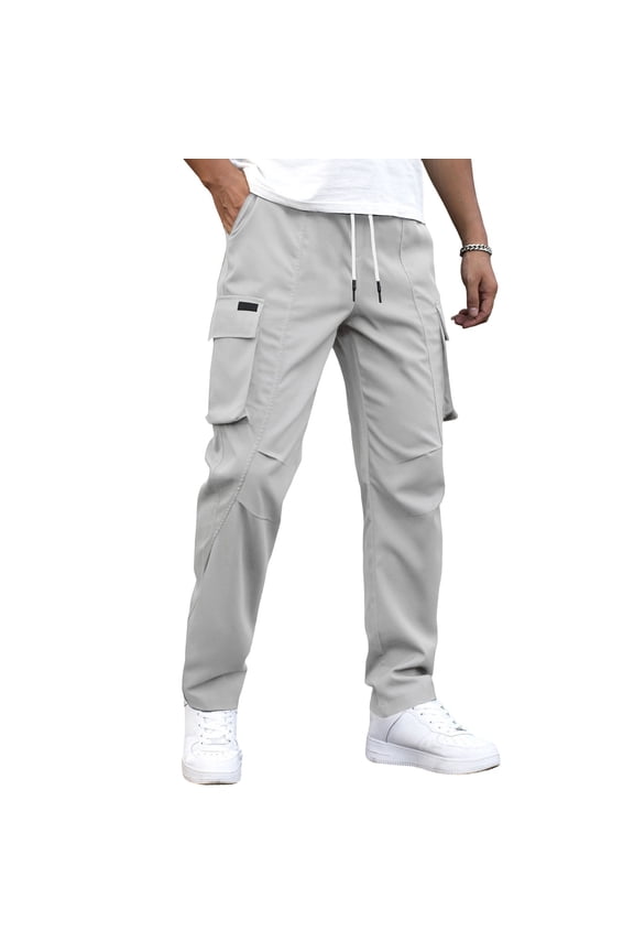 Men's Cargo Straight Leg Joggers - Drawstring Waist Pocket Detail Comfortable Casual Daily Pants Light Gray M