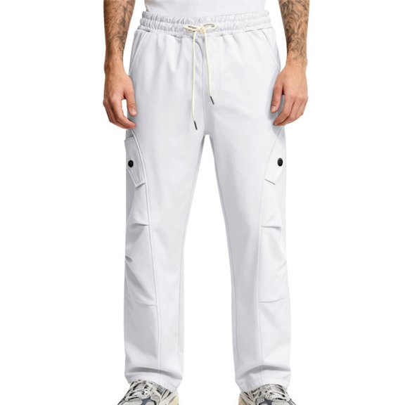LWavelet Men's Cargo Straight Leg Pants - Drawstring Waist Button Pockets Utility Fabric Casual Daily Pants White M