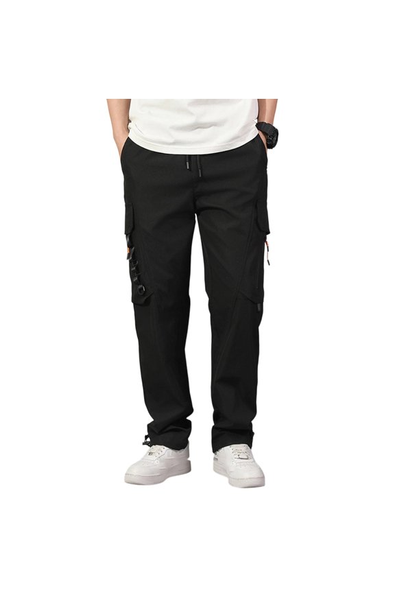Men's Cargo Tapered Pants Drawstring Waist Side Webbing Detail Multiple Pockets Comfortable Daily Casual & Streetwear Pants Black M