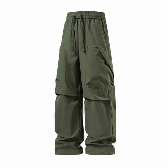 LWavelet Men's Cargo Wide Leg Pants - Drawstring Waist Multiple Pockets Utility Fabric Casual Daily Pants Army Green 3XL