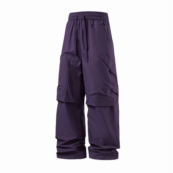 LWavelet Men's Cargo Wide Leg Pants - Drawstring Waist Multiple Pockets Utility Fabric Casual Daily Pants Dark Purple L
