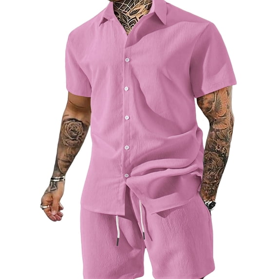 LWavelet Men's Casual Button Down Shirt and Drawstring Shorts Set Classic Summer Outfit Light pink XL