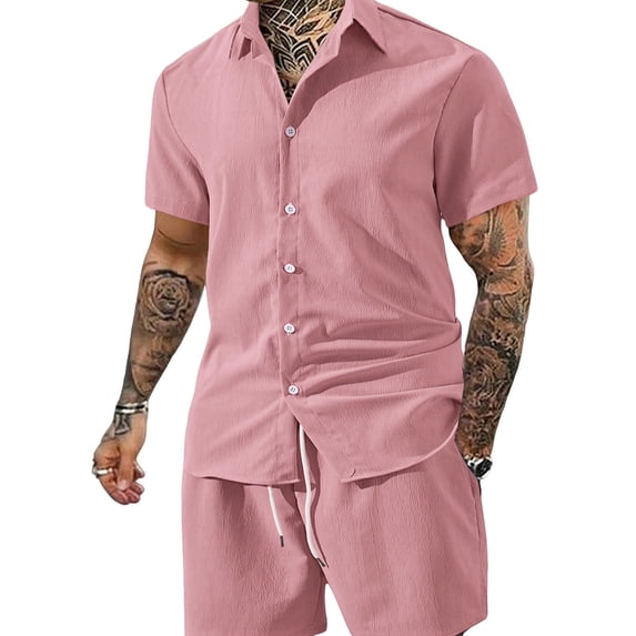 LWavelet Men's Casual Button Down Shirt and Drawstring Shorts Set Classic Summer Outfit Pink L