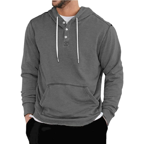 LWavelet Men’s Casual Long Sleeve Henley Hoodie with Adjustable Drawstring and Front Kangaroo Pocket for Everyday Wear