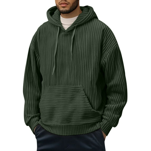 LWavelet Men's Casual Ribbed Knit Pullover Hoodie Long Sleeve Drawstring Hooded Sweatshirt with Kangaroo Pocket for Daily Wear