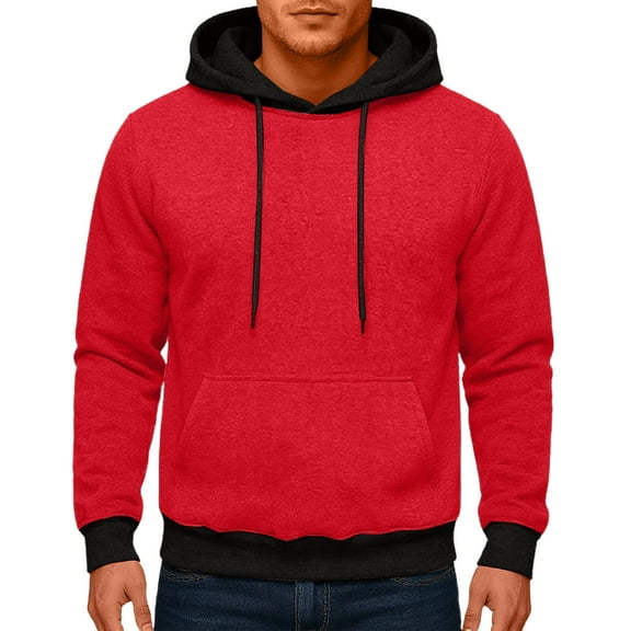 LWavelet Men’s Classic Red Pullover Hoodie with Black Hood, Adjustable Drawstring, Kangaroo Pocket, Soft Fleece, Casual Sweatshirt for Everyday Comfort